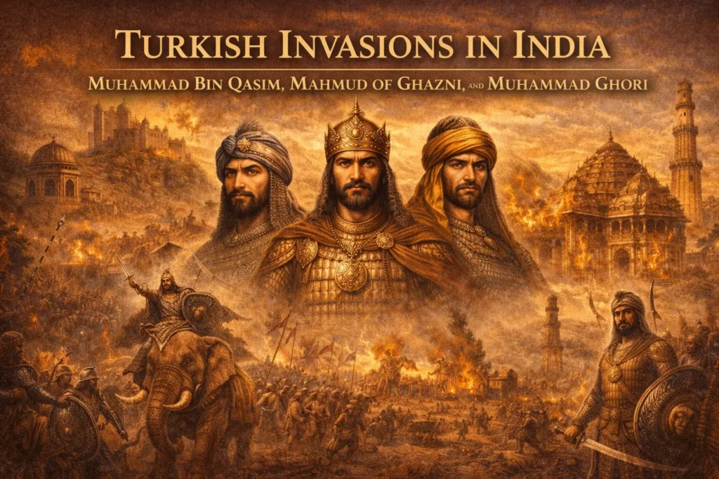 “Turkish invasions in India illustration showing Muhammad Bin Qasim, Mahmud of Ghazni and Muhammad Ghori medieval history concept”