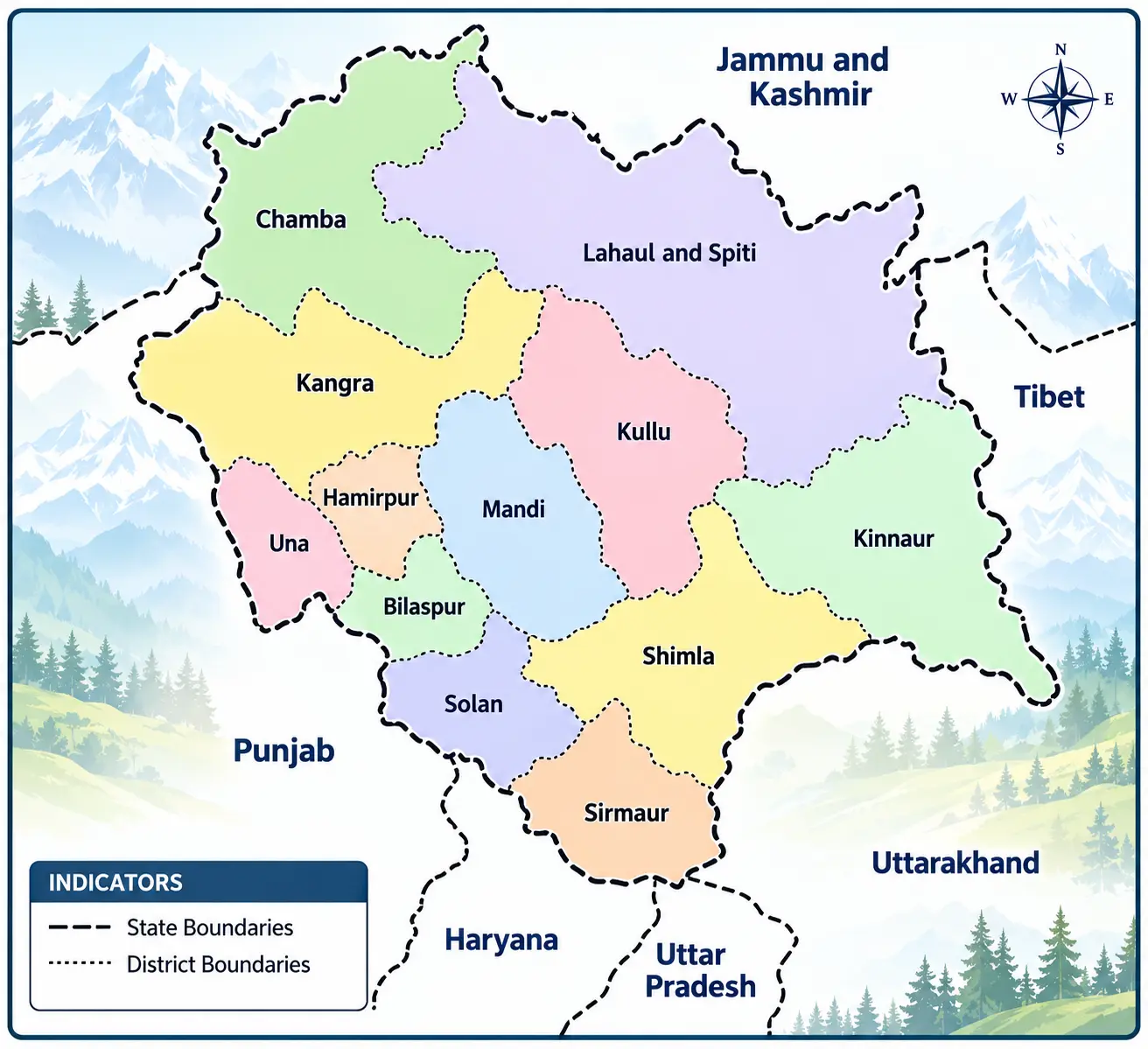 Map of Himachal Pradesh showing district boundaries and neighbouring regions
