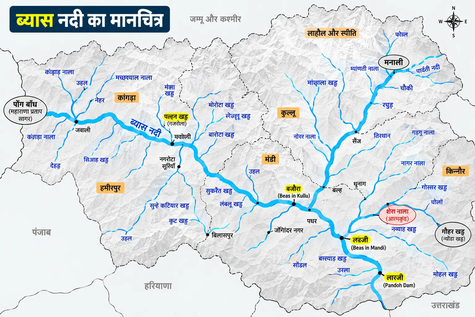 Beas River map showing its course through Himachal Pradesh