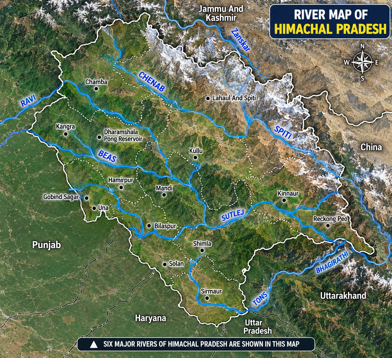 River basin map of Himachal Pradesh showing Sutlej, Beas, Ravi, Chenab and Yamuna river systems